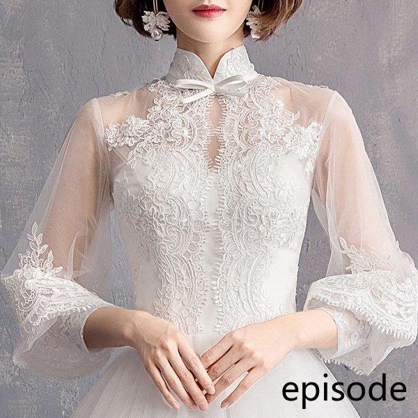 ウェディングドレス ウェディングドレス白 パーティードレス ハイネック レース花嫁ロングドレス 結婚式 トレーンライン 二次会