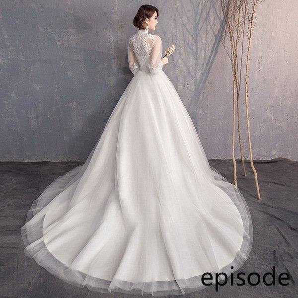 ウェディングドレス ウェディングドレス白 パーティードレス ハイネック レース花嫁ロングドレス 結婚式 トレーンライン 二次会