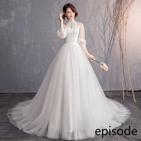 ウェディングドレス ウェディングドレス白 パーティードレス ハイネック レース花嫁ロングドレス 結婚式 トレーンライン 二次会