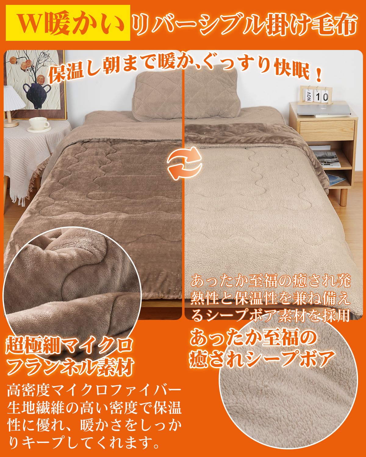 毛布 ダブル 冬用 厚手 ブランケット毛布 掛け毛布 掛け布団 冬【ナノ蓄熱保温& リバーシブル 】 あったか毛布 暖かい毛布 毛布布団 温かい毛布 ふわとろ毛布 シープボア毛布 ふんわり もうふ ボ