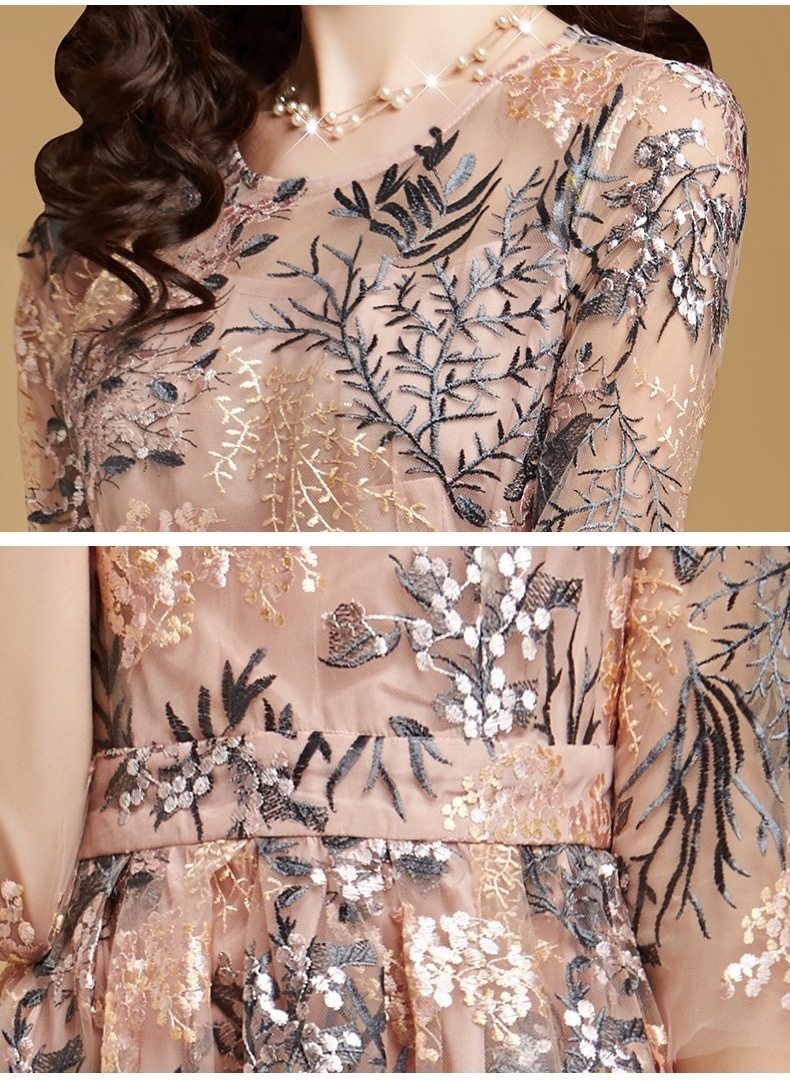 レディース ワンピース ドレス 膝丈 7分袖 ラウンドネック 襟なし スリム Aライン フェミニン 刺繍 ハイウエスト 透け感 シースルー 薄手 かわいい 大人可愛い きれいめ 上品 おしゃれ