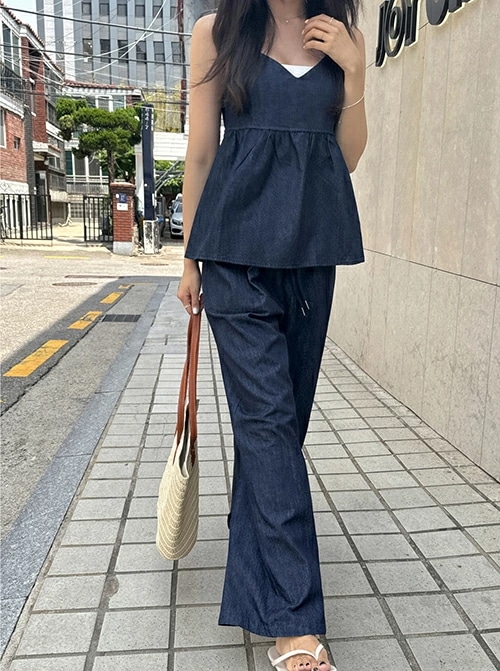 レディース set 韓国ファッション セットアップ ノースリーブ サイドジッパー フリル Vネック レイヤード ゴム ロング ひも 調節可 シンプル カジュアル ガーリー ラブリー お出かけ 夏 SS