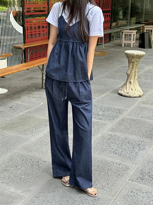 レディース set 韓国ファッション セットアップ ノースリーブ サイドジッパー フリル Vネック レイヤード ゴム ロング ひも 調節可 シンプル カジュアル ガーリー ラブリー お出かけ 夏 SS