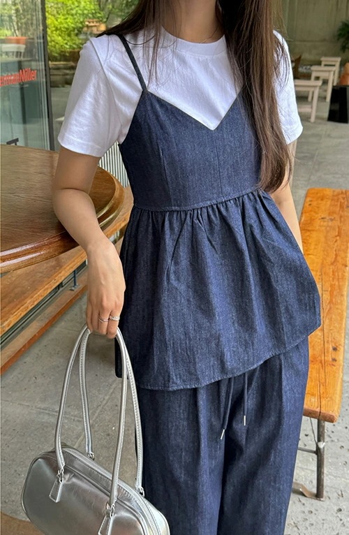 レディース set 韓国ファッション セットアップ ノースリーブ サイドジッパー フリル Vネック レイヤード ゴム ロング ひも 調節可 シンプル カジュアル ガーリー ラブリー お出かけ 夏 SS