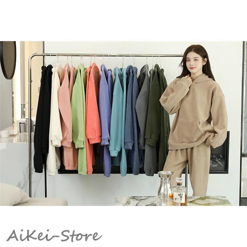 パジャマ レディース ルームウェア 上下セット フード付き 部屋着 長袖 セットアップ ポケット付き 厚手 大きいサイズ 防寒 カジュアル シンプル