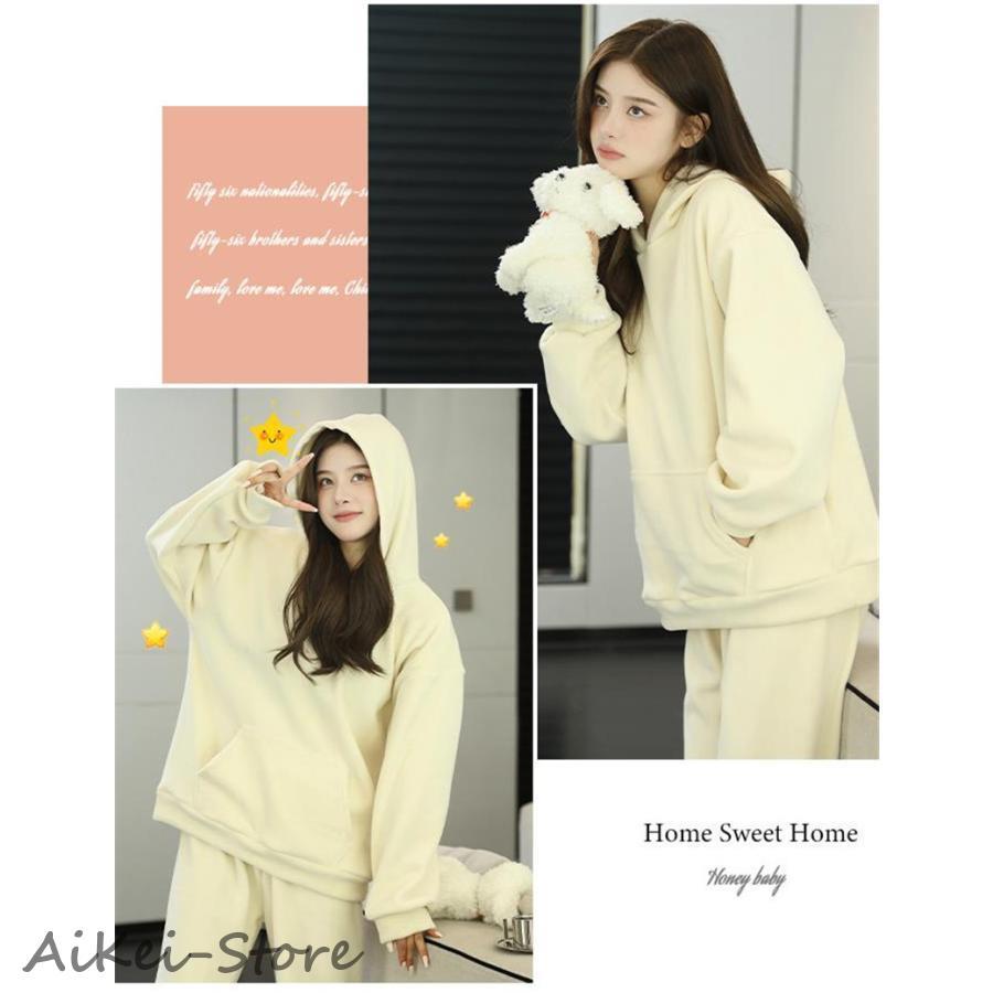 パジャマ レディース ルームウェア 上下セット フード付き 部屋着 長袖 セットアップ ポケット付き 厚手 大きいサイズ 防寒 カジュアル シンプル