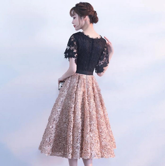 パーティードレス 結婚式 ワンピース フレア袖　パーティドレス ミモレ丈 花柄　刺繍 ウェディングドレス ウエディング ドレス 二次会 花嫁 ブライズメイド お呼ばれ ワンピース 袖 ミモレ丈 結婚式