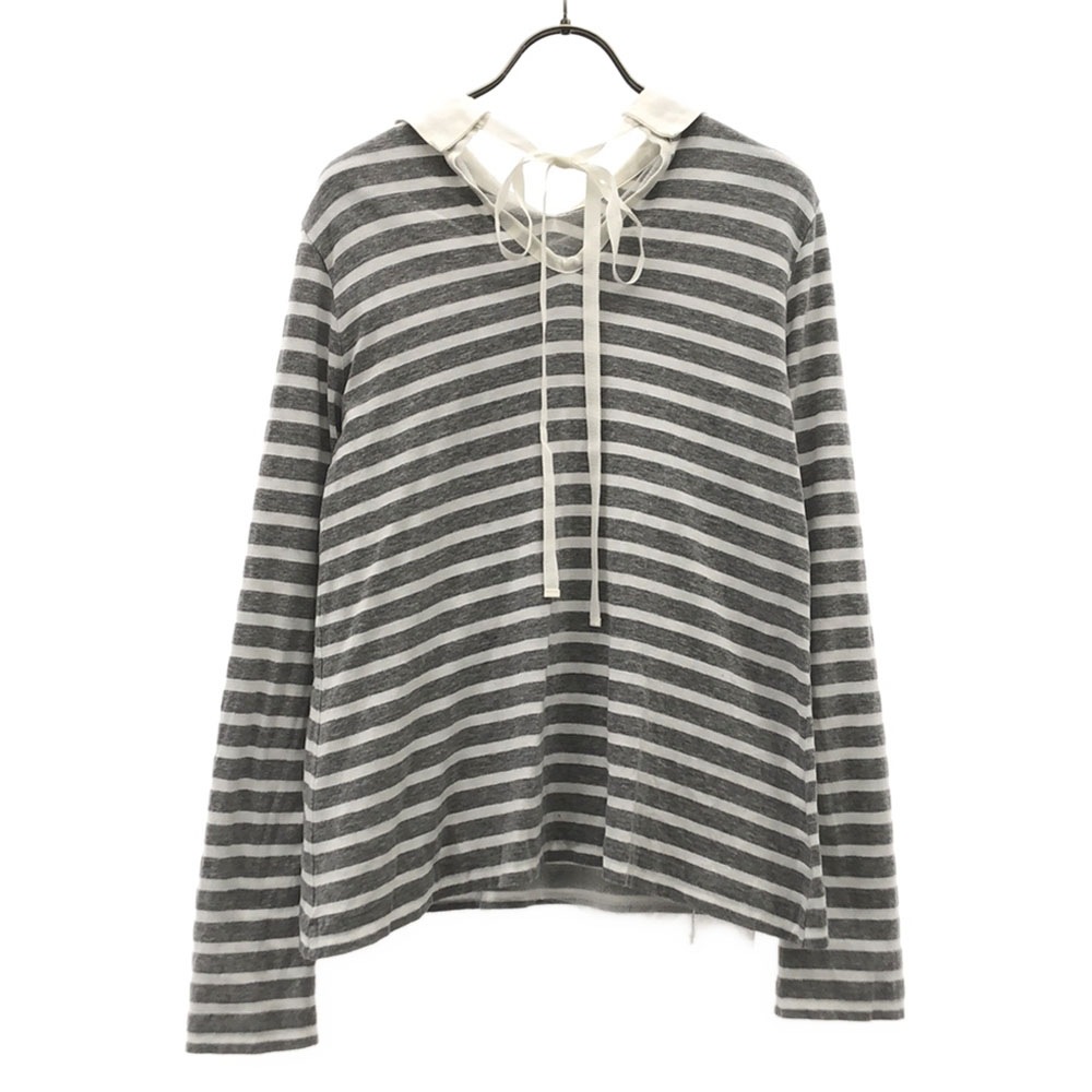 サカイラック 日本製 ボーダー柄 長袖 バックリボン カットソー 2 グレー×ホワイト sacai luck 裏地チュール 襟付き レディース サカイラック 日本製 ボーダー柄 長袖 バックリボン カットソー 2 グレー×ホワイト sacai luck 裏地チュール 襟付き レディース