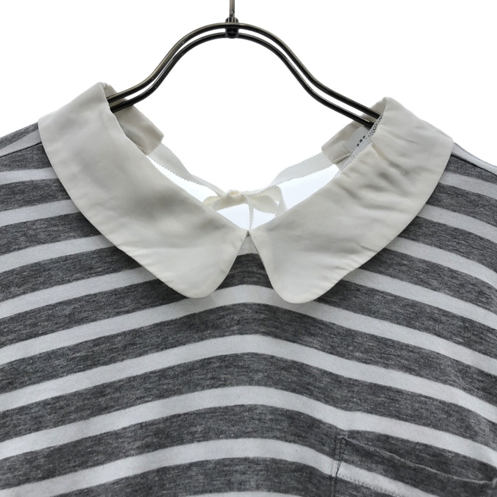サカイラック 日本製 ボーダー柄 長袖 バックリボン カットソー 2 グレー×ホワイト sacai luck 裏地チュール 襟付き レディース サカイラック 日本製 ボーダー柄 長袖 バックリボン カットソー 2 グレー×ホワイト sacai luck 裏地チュール 襟付き レディース