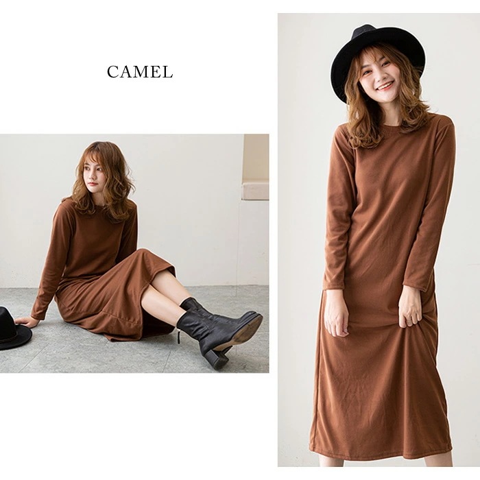 【急速出荷】 裏起毛 ワンピース レディース 秋 冬 秋冬 黒 紺 ワンピース 裏起毛ワンピ ロング ミモレ丈 無地 長袖 ロングワンピ ミディアムワンピ ブラック カーキ キャメル ネイビー 裏起