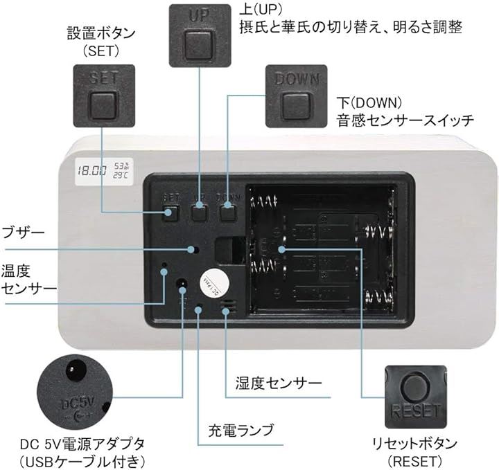 目覚まし時計 置き時計 木目 LEDデジタル時計 アラームクロック 温度湿度計 カレンダー 音声感知 USB/乾電池給電 白(ホワイト, 小)