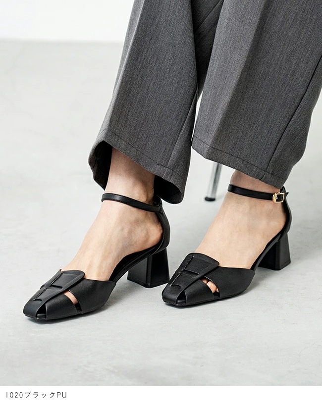 グルカサンダル レディース 編み込みサンダル ストラップサンダル アンクルストラップ チャンキーヒール ヒールセンチ やわらかい 痛くない スクエアトゥ きれいめ おしゃれ ブラック 最強配送 s