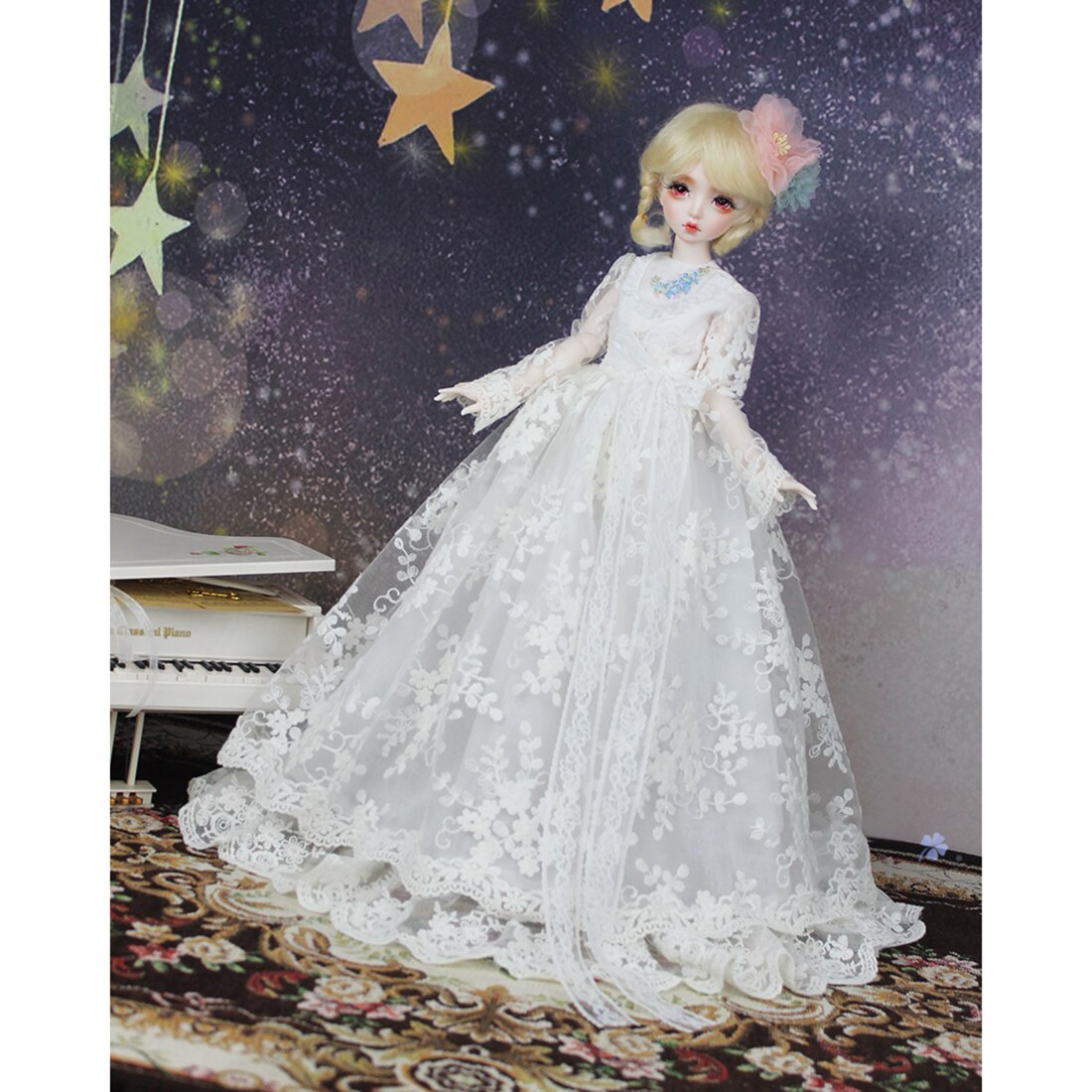 刺繍白のウェディングドレス1/3のための1/4 bjd人形脳トレーニングのおもちゃ子供知育玩具誕生日プレゼント-いいえ人形
