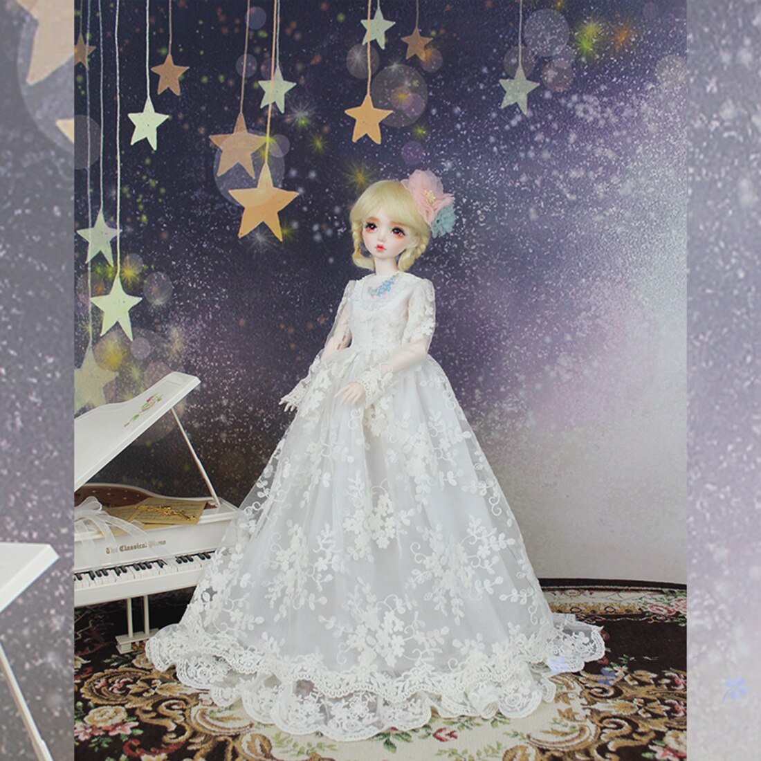 刺繍白のウェディングドレス1/3のための1/4 bjd人形脳トレーニングのおもちゃ子供知育玩具誕生日プレゼント-いいえ人形