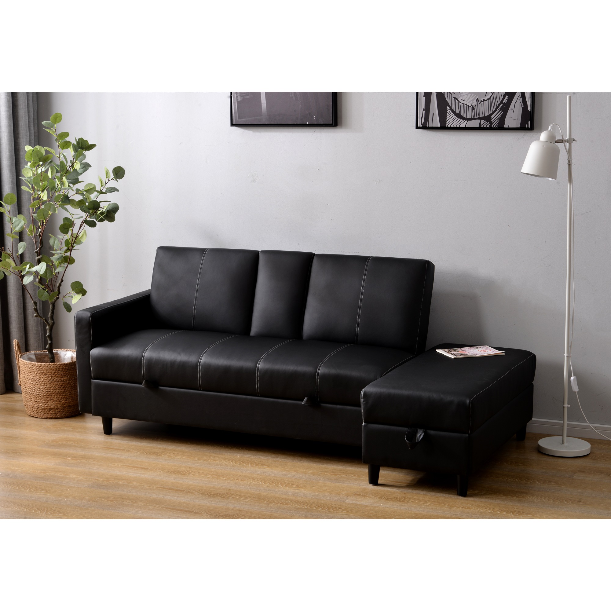 多機能3人掛けソファベッド 収納・引き出し・オットマン付 おしゃれ