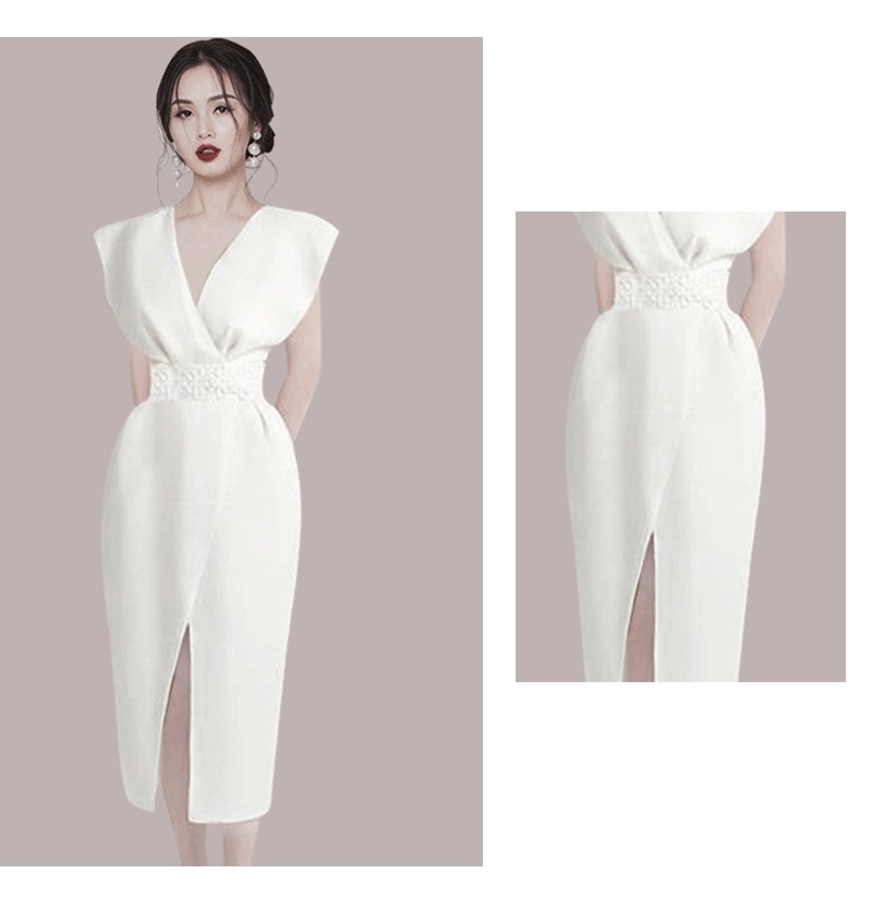 ドレス ワンピース パーティー 結婚式 二次会 披露宴 ステージ 舞台 キャバ ダンス 衣装 コスプレ ラウンジ クラブ 膝下 ロング 袖なし ノースリーブ Vネック スレンダー タイト スリム