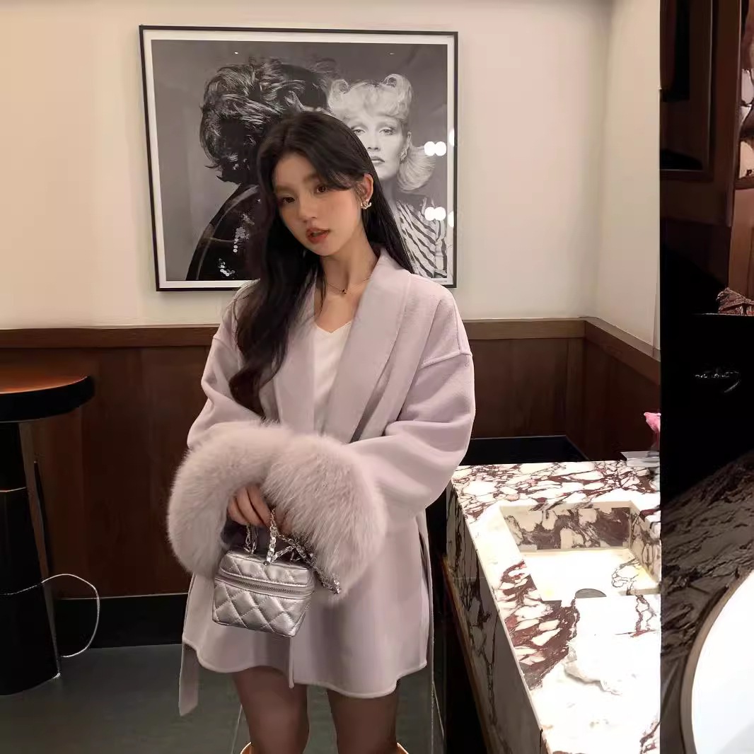 【急速出荷】冬の新型両面カシミヤコート女性高級キツネ毛の小柄なウールの毛皮コート