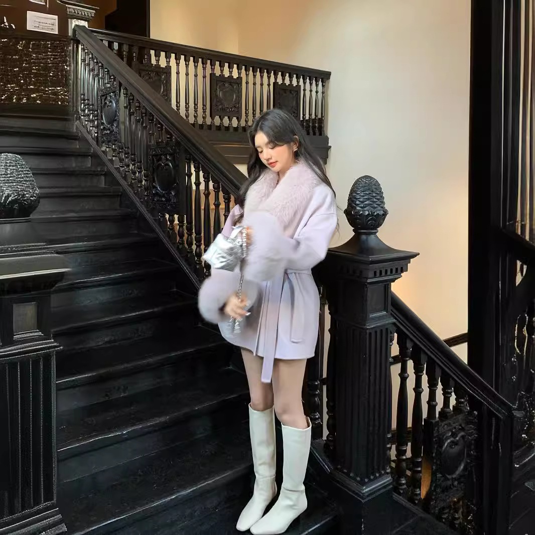 【急速出荷】冬の新型両面カシミヤコート女性高級キツネ毛の小柄なウールの毛皮コート