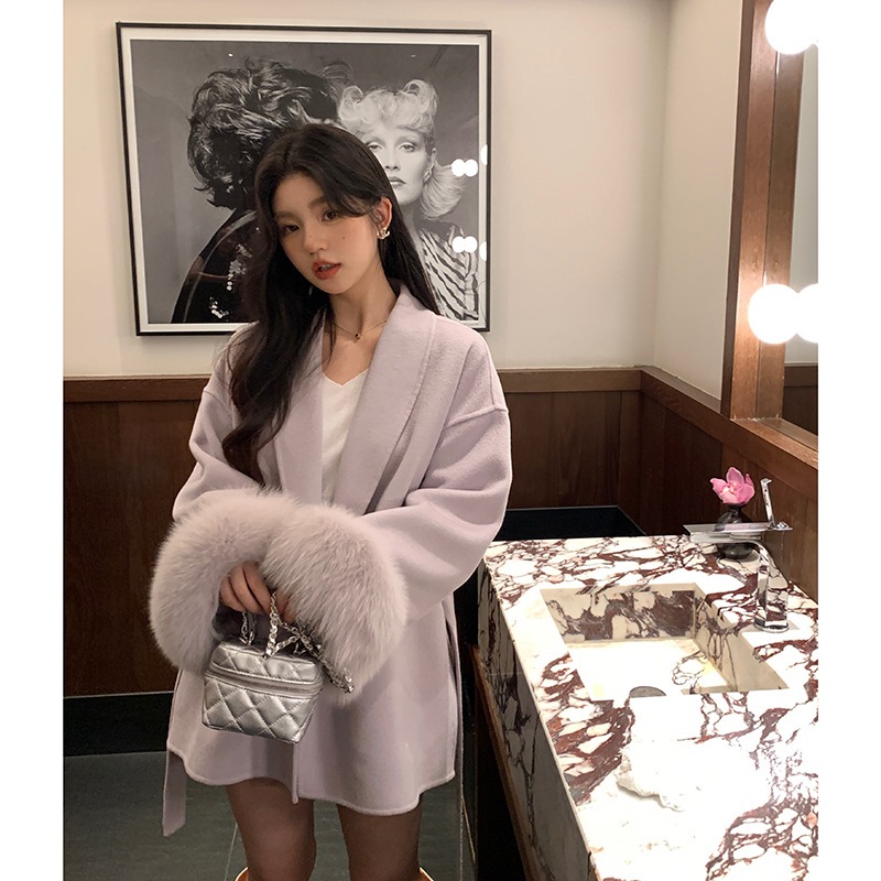 【急速出荷】冬の新型両面カシミヤコート女性高級キツネ毛の小柄なウールの毛皮コート