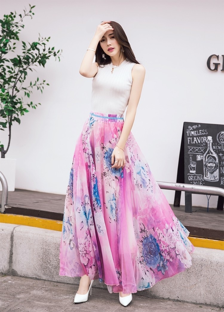 3241.マキシ丈 花柄シフォンスカート(ピンク)2019 春夏 普段使い カジュアル シフォン 大人 3241.マキシ丈 花柄シフォンスカート(ピンク)2019 春夏 普段使い カジュアル シフォン 大人