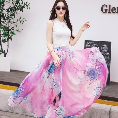 3241.マキシ丈 花柄シフォンスカート(ピンク)2019 春夏 普段使い カジュアル シフォン 大人 3241.マキシ丈 花柄シフォンスカート(ピンク)2019 春夏 普段使い カジュアル シフォン 大人