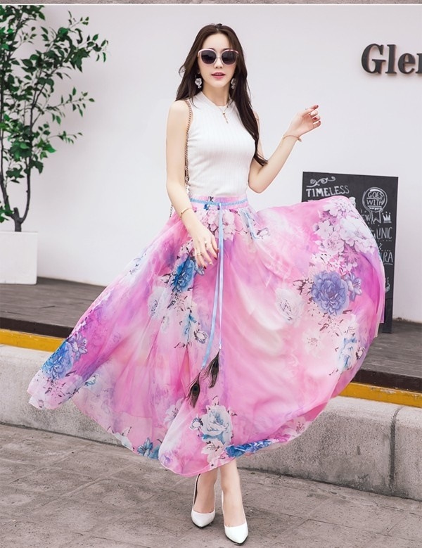 3241.マキシ丈 花柄シフォンスカート(ピンク)2019 春夏 普段使い カジュアル シフォン 大人 3241.マキシ丈 花柄シフォンスカート(ピンク)2019 春夏 普段使い カジュアル シフォン 大人