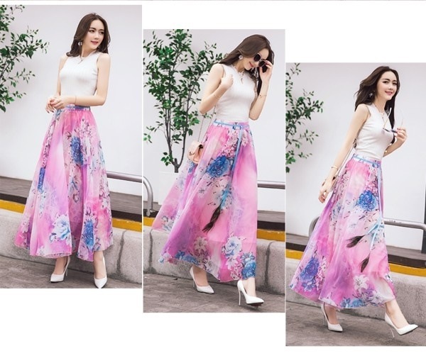 3241.マキシ丈 花柄シフォンスカート(ピンク)2019 春夏 普段使い カジュアル シフォン 大人 3241.マキシ丈 花柄シフォンスカート(ピンク)2019 春夏 普段使い カジュアル シフォン 大人