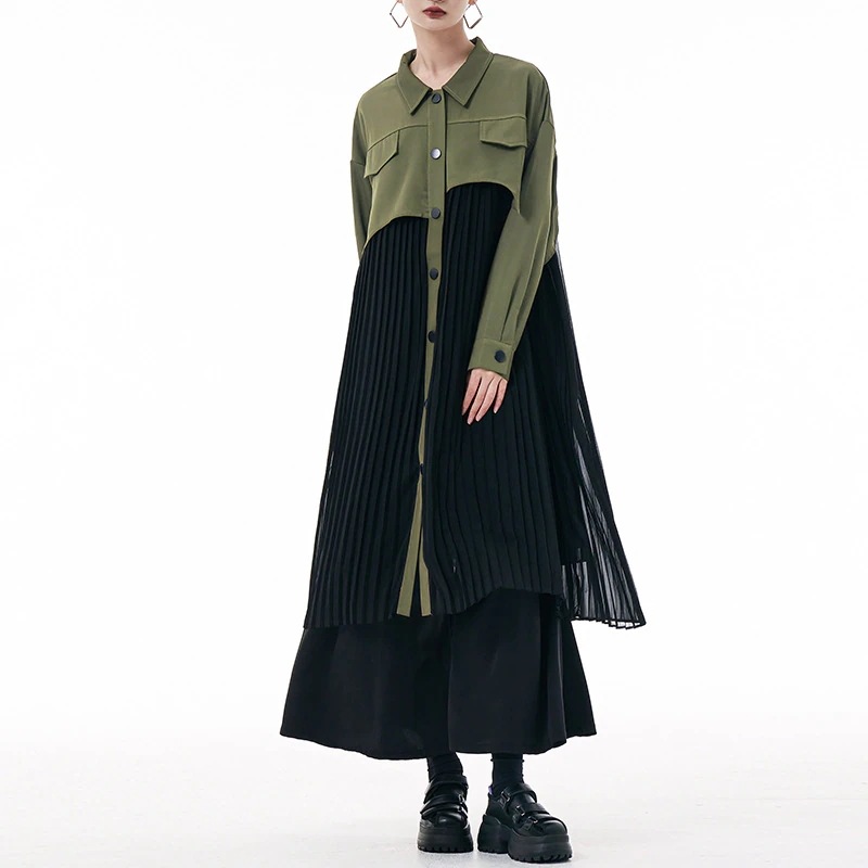 優雅な気質シフォンのタックはシャツワンピース秋の新型プリーツロングワンピース