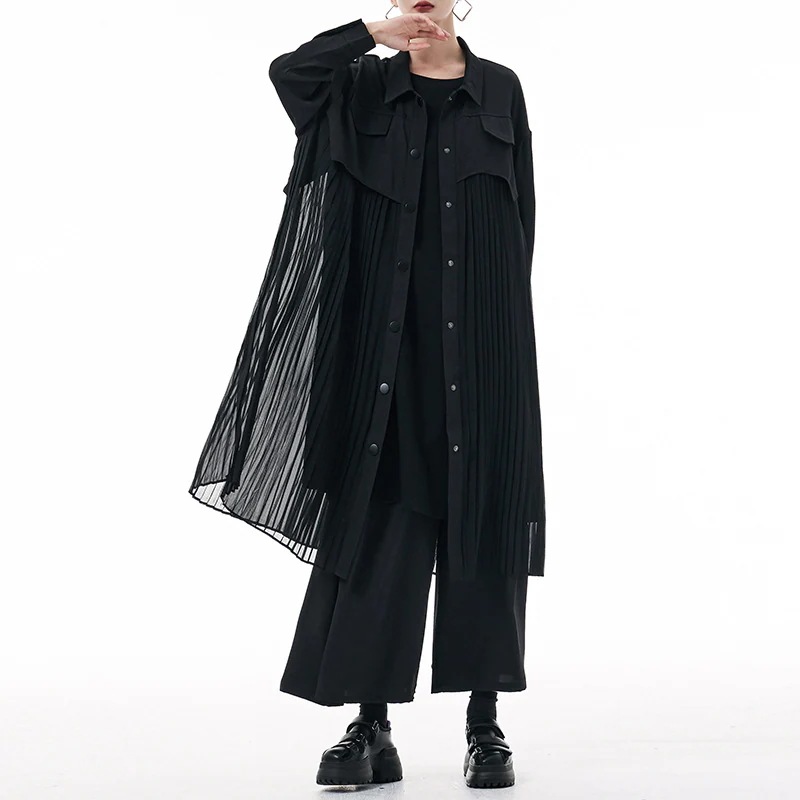 優雅な気質シフォンのタックはシャツワンピース秋の新型プリーツロングワンピース