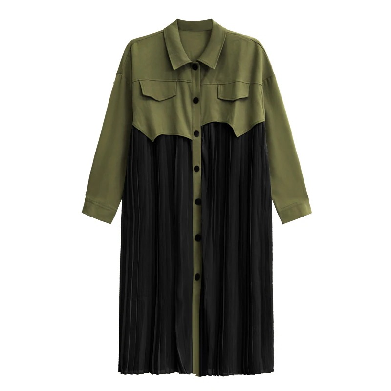 優雅な気質シフォンのタックはシャツワンピース秋の新型プリーツロングワンピース