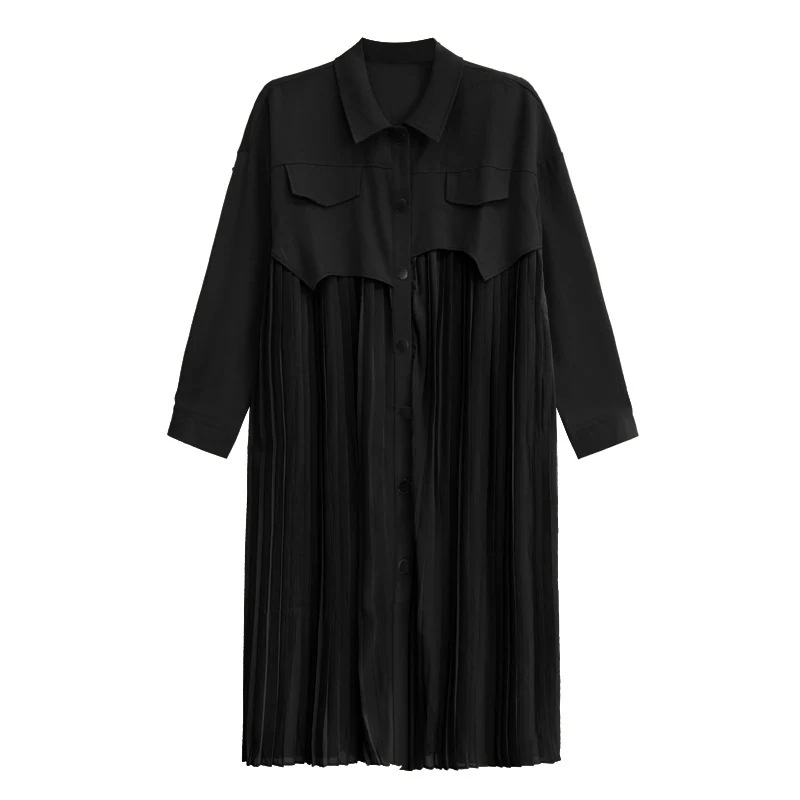 優雅な気質シフォンのタックはシャツワンピース秋の新型プリーツロングワンピース