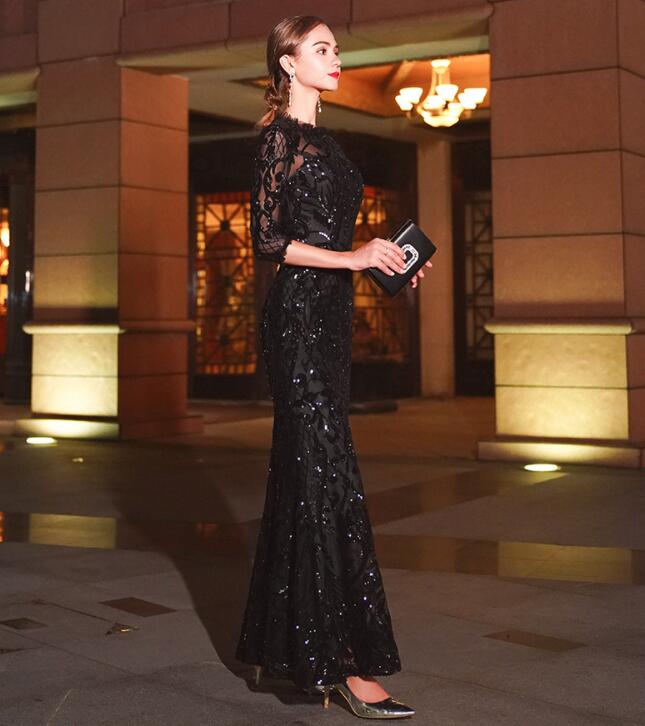 凄く人気がある 上品 ブラック ウェディングドレス イブニングドレス レース 着痩せ お洒落 レディース 女性 宴会 パーティードレス エレガント キレイめ 無地 ロングドレス フィッシュテール マキ