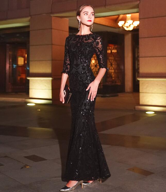 凄く人気がある 上品 ブラック ウェディングドレス イブニングドレス レース 着痩せ お洒落 レディース 女性 宴会 パーティードレス エレガント キレイめ 無地 ロングドレス フィッシュテール マキ