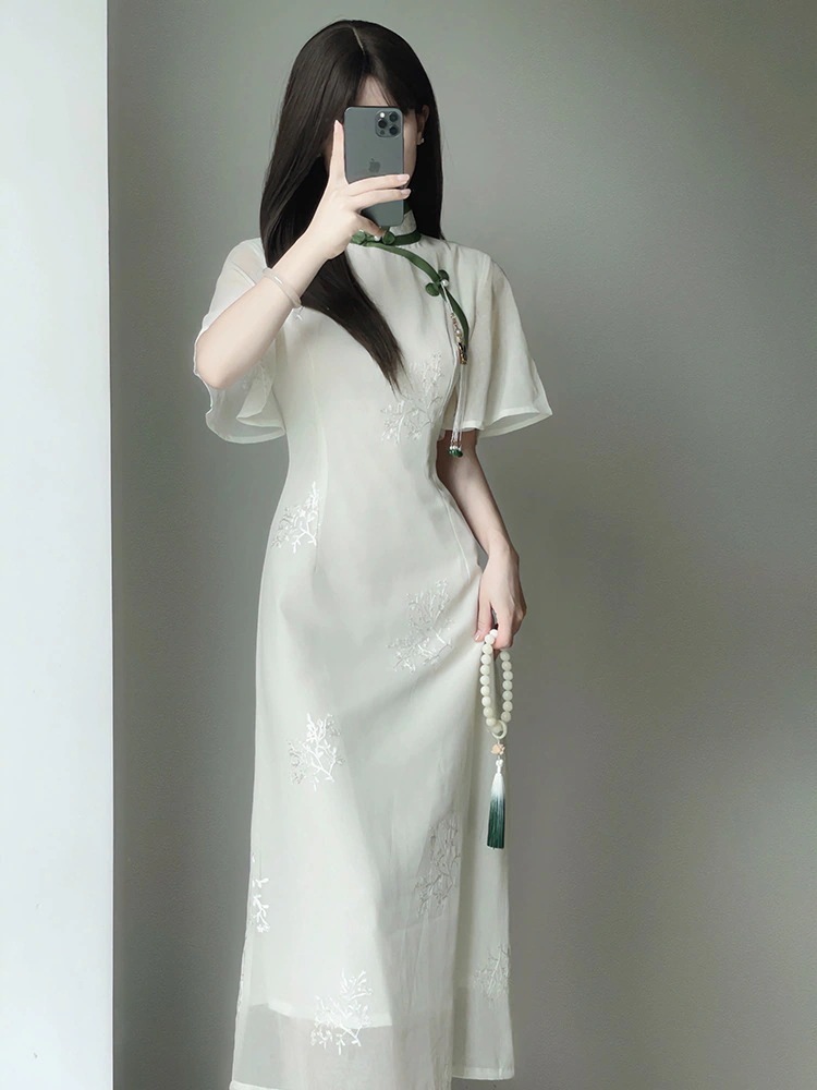 白シフォン刺繍逆大袖チャイナドレス2024夏新作風風女の子優しい淑女ドレス mdprevattcaulkingandwaterproofing.com
