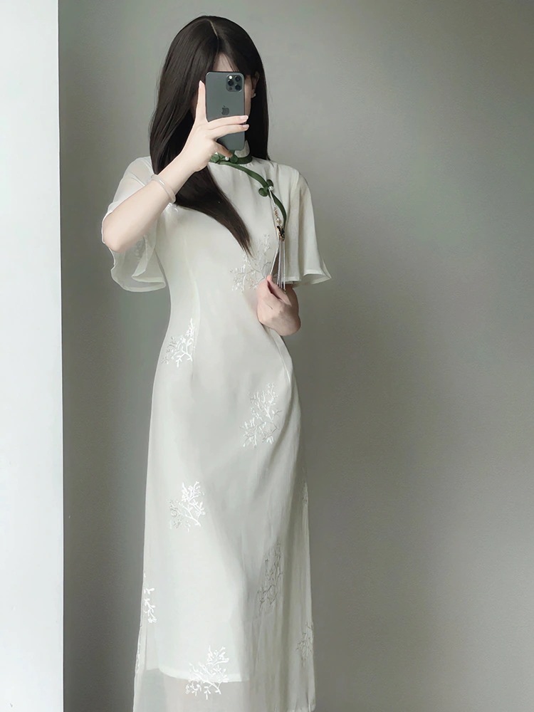 白シフォン刺繍逆大袖チャイナドレス2024夏新作風風女の子優しい淑女ドレス mdprevattcaulkingandwaterproofing.com