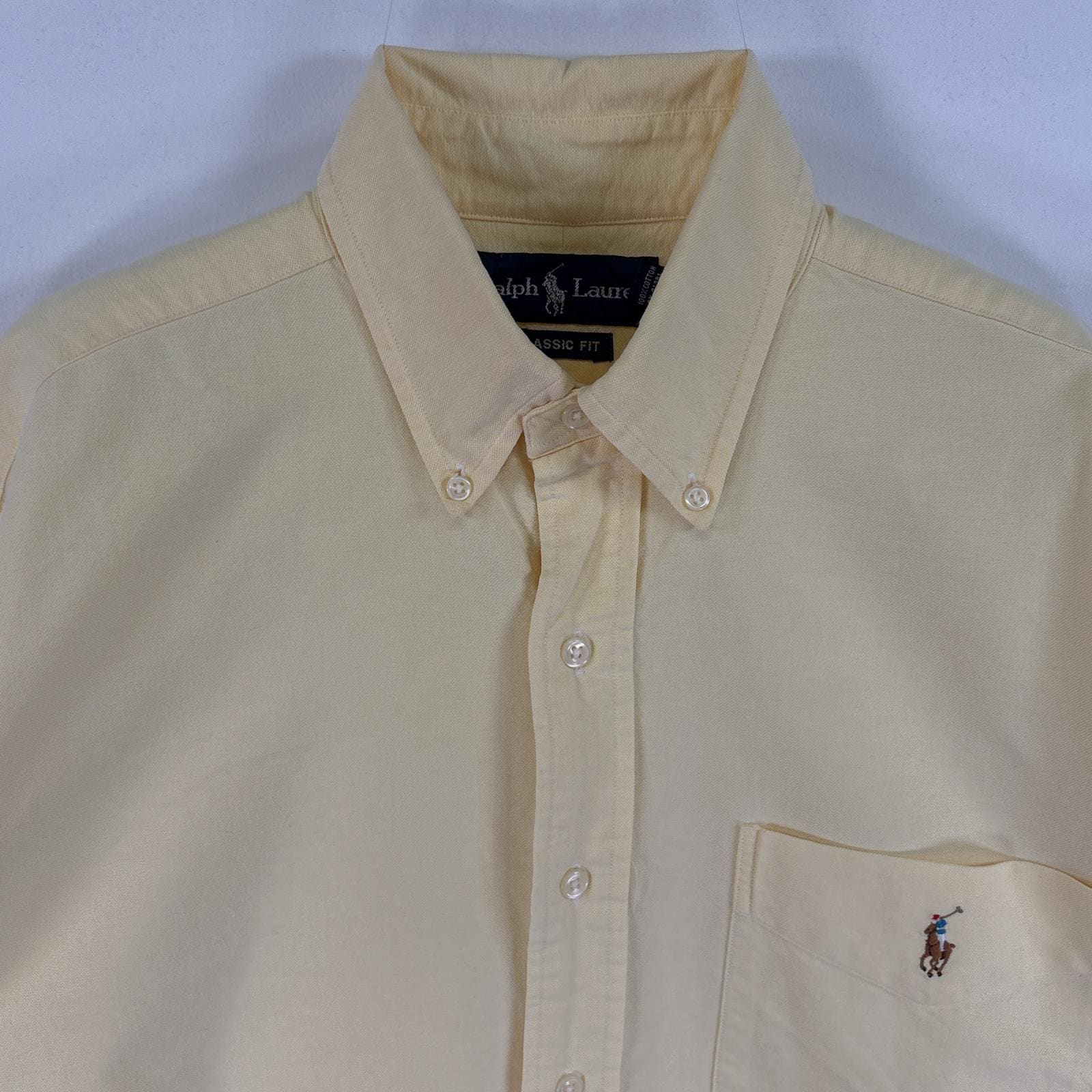 古着 90s/90年代 長袖シャツ ワンポイント ロゴ 刺繍 ボタンダウンシャツ CLASSIC FIT M イエロー 無地 メンズ