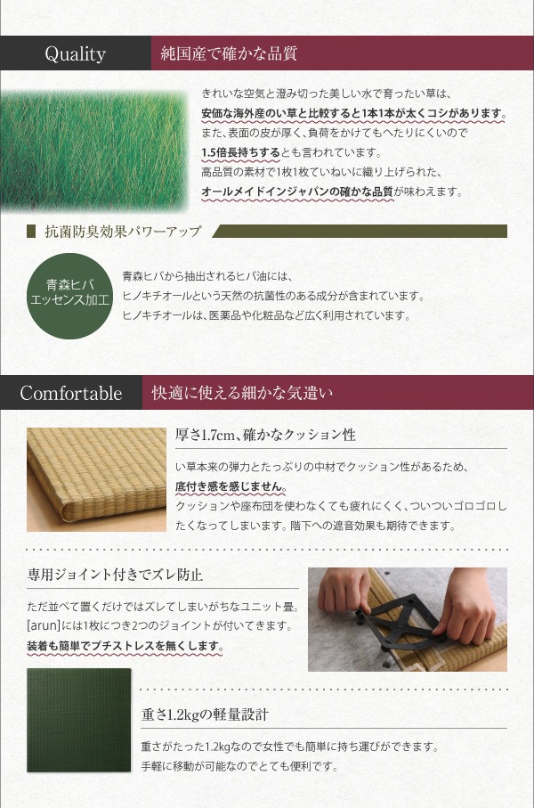 8色から選べる 純国産 ヘリなし インテリアユニット畳 [arun]アラン 6枚入り ライトグリーン