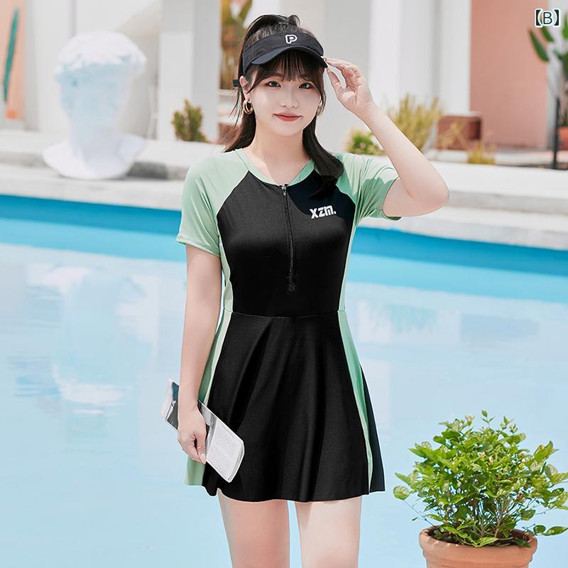 水着 レディース 大きめサイズ ワンピーススカート風 学生 お腹カバー 着痩せ 半袖 温泉 旅行 プール リゾート ビーチ レジャー ぽっちゃり女子