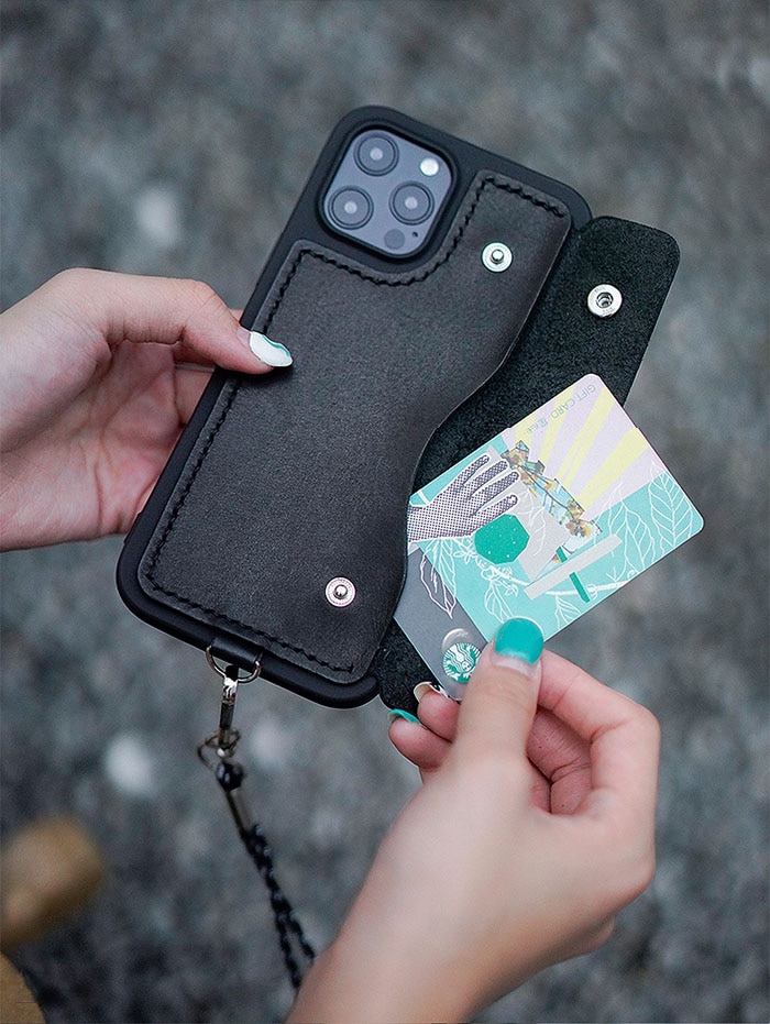 Hand made 本革 牛革 レザー × シリコン ショルダー iPhoneケース カードケーススマホ カードホルダー 財布 ケース 持ち手付き スマホケース 革 皮 オシャレ クール モード