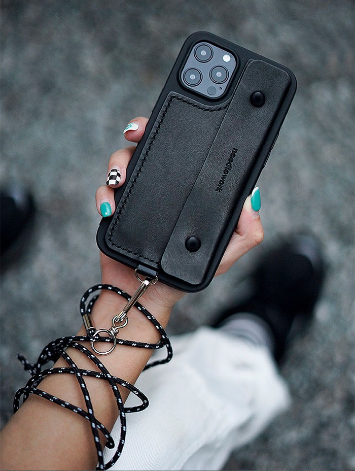 Hand made 本革 牛革 レザー × シリコン ショルダー iPhoneケース カードケーススマホ カードホルダー 財布 ケース 持ち手付き スマホケース 革 皮 オシャレ クール モード