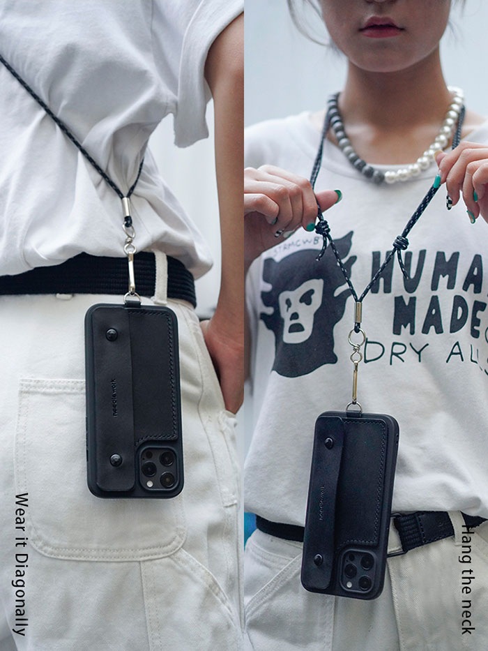 Hand made 本革 牛革 レザー × シリコン ショルダー iPhoneケース カードケーススマホ カードホルダー 財布 ケース 持ち手付き スマホケース 革 皮 オシャレ クール モード