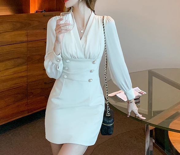 フェイクツーピース レディース ワンピース ニットワンピ ミニ ショート 長袖 Vネック タイト スリム 細身 ウエストマーク ハイウエスト ボタン かわいい 大人可愛い きれいめ カジュアル 上品