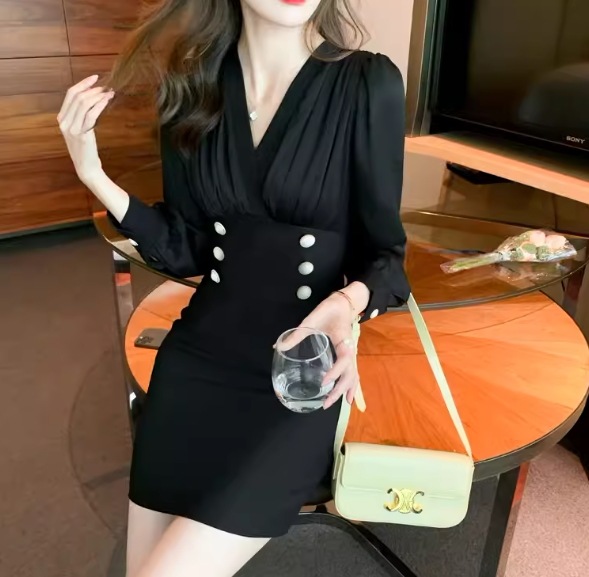 フェイクツーピース レディース ワンピース ニットワンピ ミニ ショート 長袖 Vネック タイト スリム 細身 ウエストマーク ハイウエスト ボタン かわいい 大人可愛い きれいめ カジュアル 上品