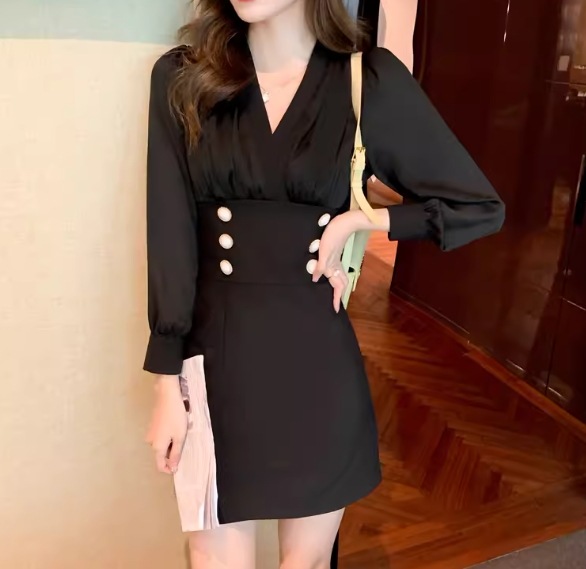 フェイクツーピース レディース ワンピース ニットワンピ ミニ ショート 長袖 Vネック タイト スリム 細身 ウエストマーク ハイウエスト ボタン かわいい 大人可愛い きれいめ カジュアル 上品