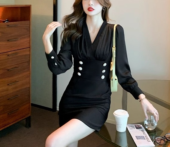 フェイクツーピース レディース ワンピース ニットワンピ ミニ ショート 長袖 Vネック タイト スリム 細身 ウエストマーク ハイウエスト ボタン かわいい 大人可愛い きれいめ カジュアル 上品