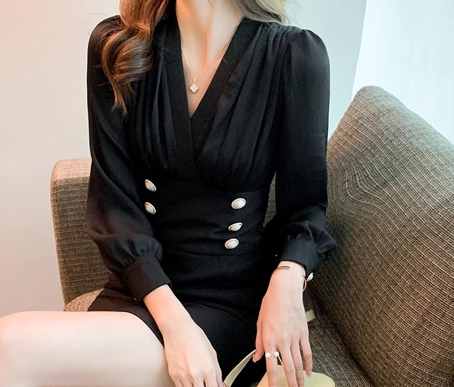 フェイクツーピース レディース ワンピース ニットワンピ ミニ ショート 長袖 Vネック タイト スリム 細身 ウエストマーク ハイウエスト ボタン かわいい 大人可愛い きれいめ カジュアル 上品