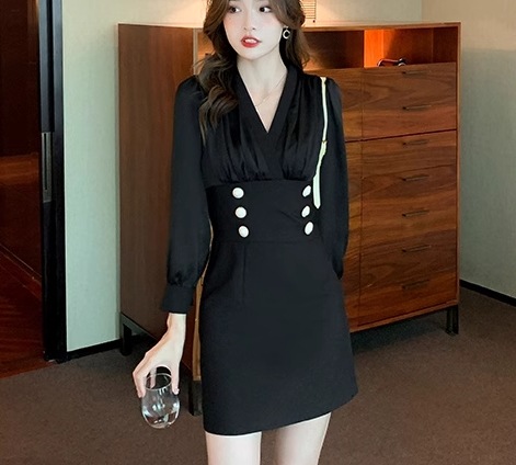 フェイクツーピース レディース ワンピース ニットワンピ ミニ ショート 長袖 Vネック タイト スリム 細身 ウエストマーク ハイウエスト ボタン かわいい 大人可愛い きれいめ カジュアル 上品