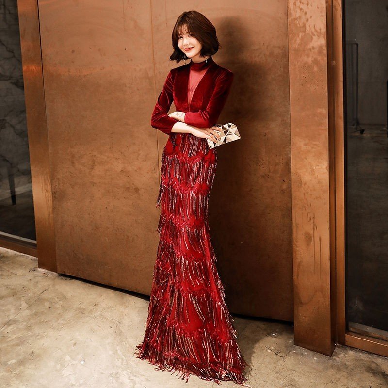 ロングドレス レディース 披露宴 イブニングドレス 七分袖 パーティードレス フリンジ マーメイドド