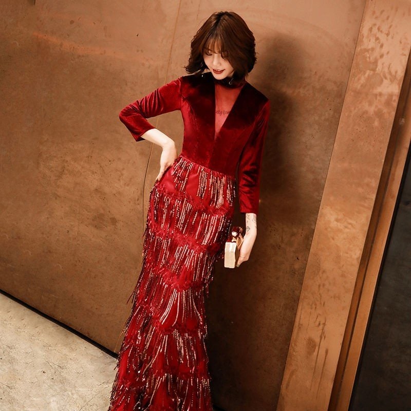 ロングドレス レディース 披露宴 イブニングドレス 七分袖 パーティードレス フリンジ マーメイドド