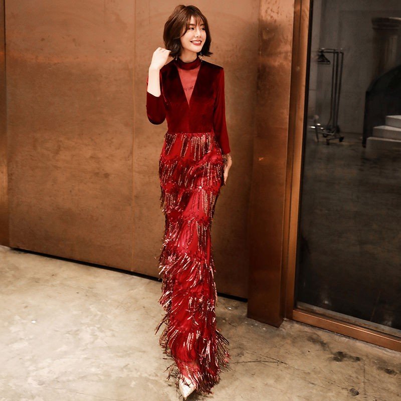 ロングドレス レディース 披露宴 イブニングドレス 七分袖 パーティードレス フリンジ マーメイドド